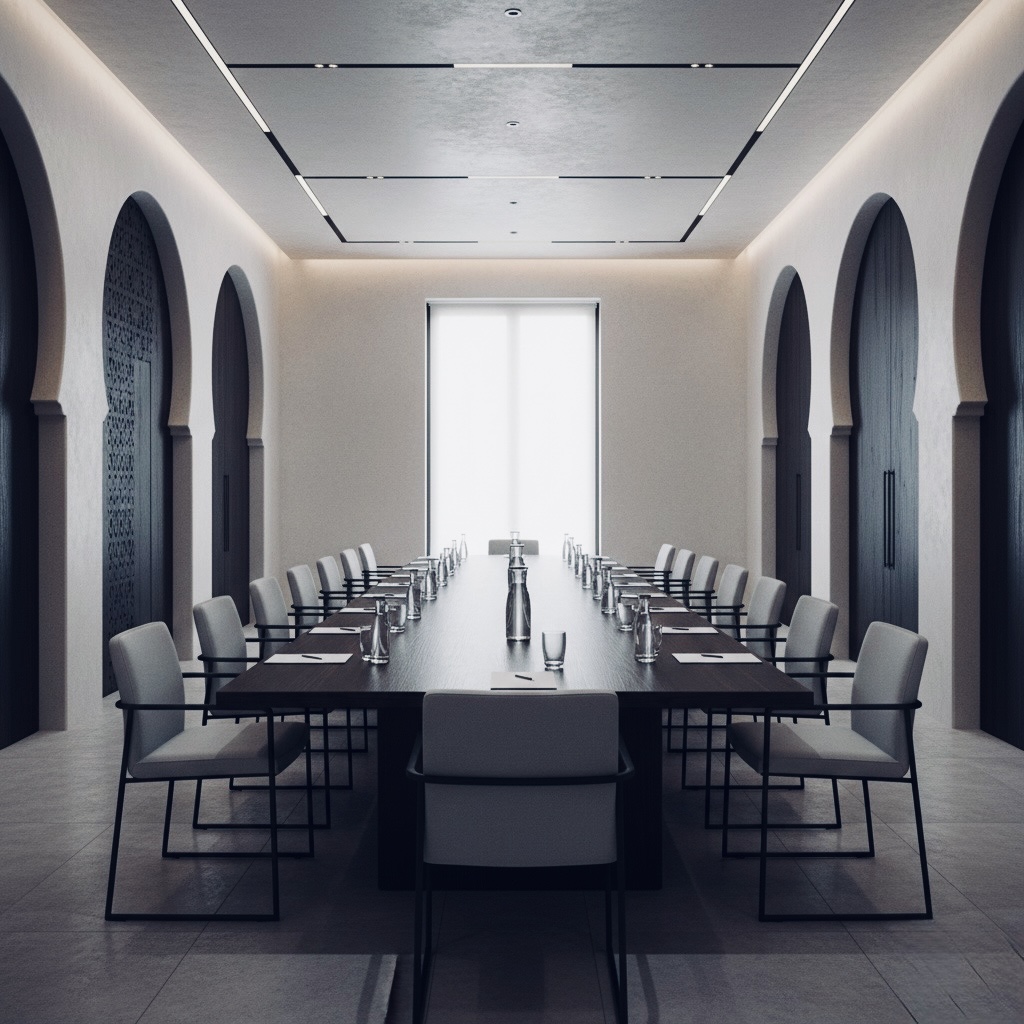 A stylish conference room with a long table - Vox Concierge