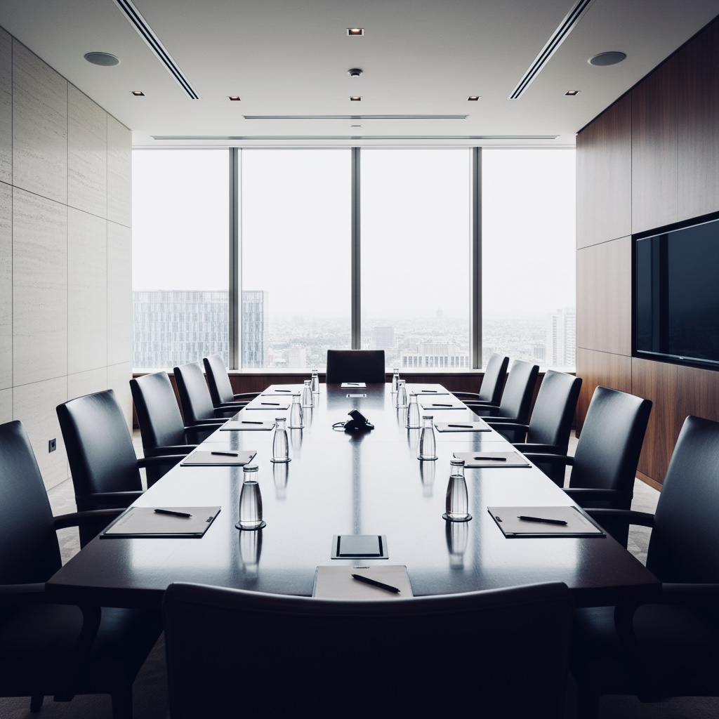A modern conference room with a long table and city view - Vox Concierge