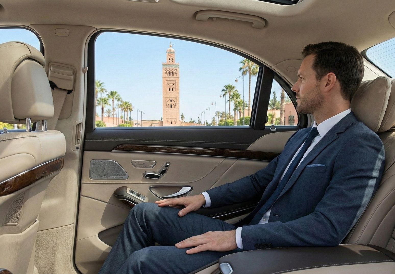 Man in suit in luxury car looking at tower - Vox Concierge