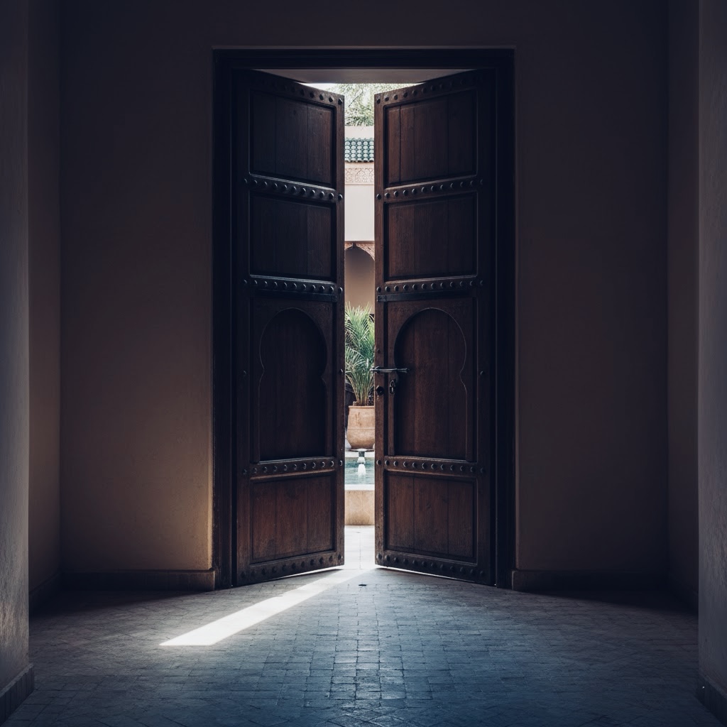 Ornate wooden doors open to a bright courtyard - Vox Concierge