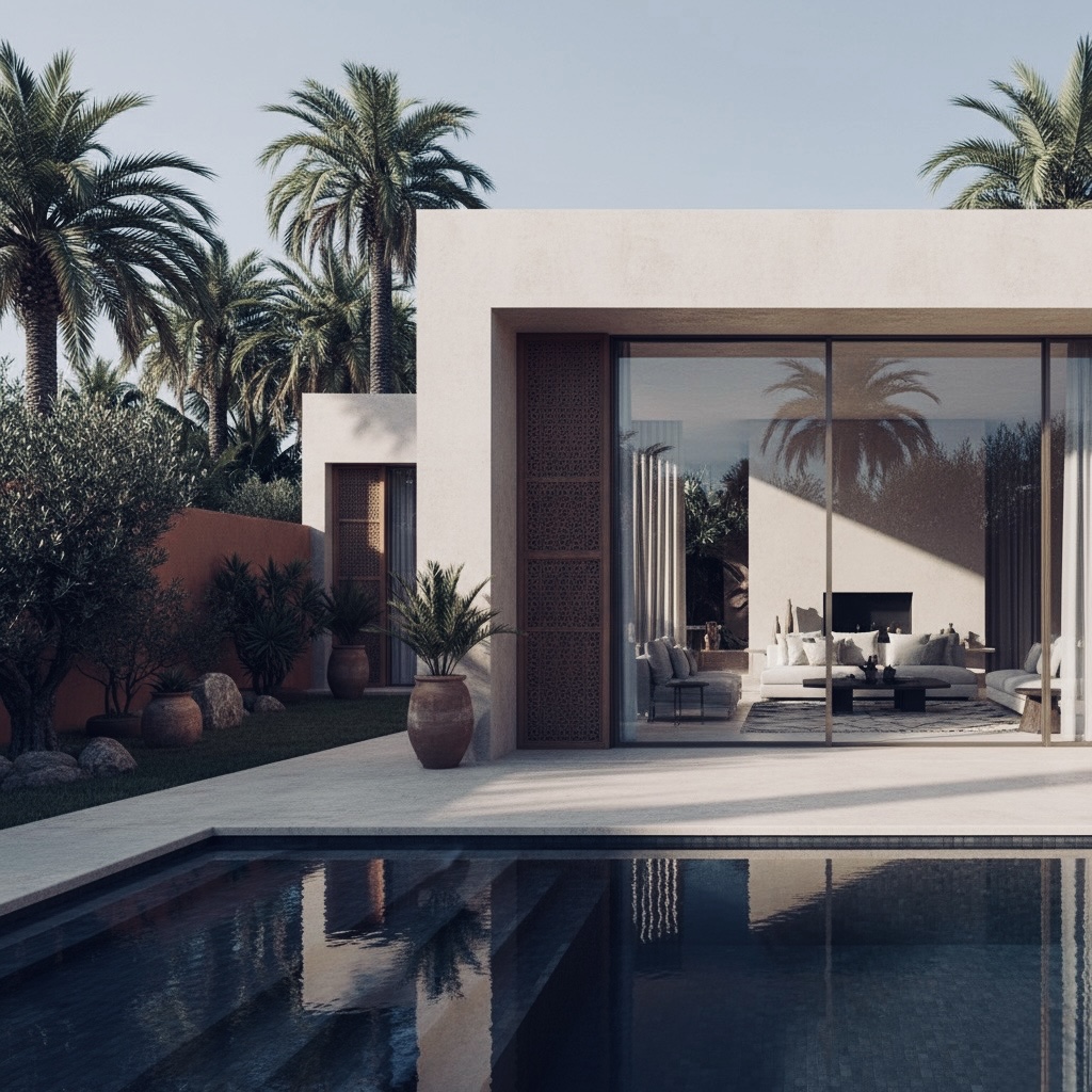 A modern house with a pool and palm trees - Vox Concierge ( Real Estate )