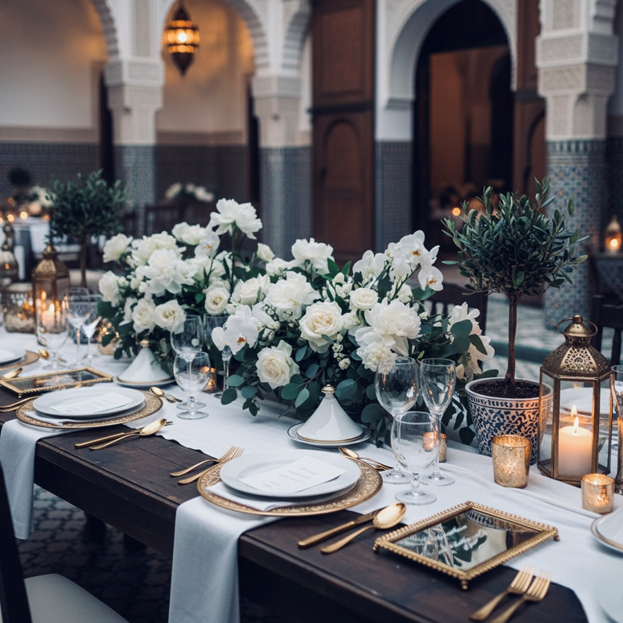 A formal dinner table setting with white flowers - Vox Concierge