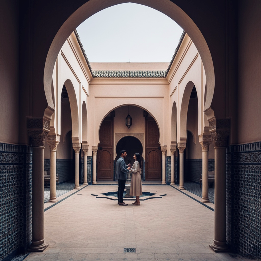 Couple in a Moroccan Riad courtyard - Vox Concierge ( Enquiry )
