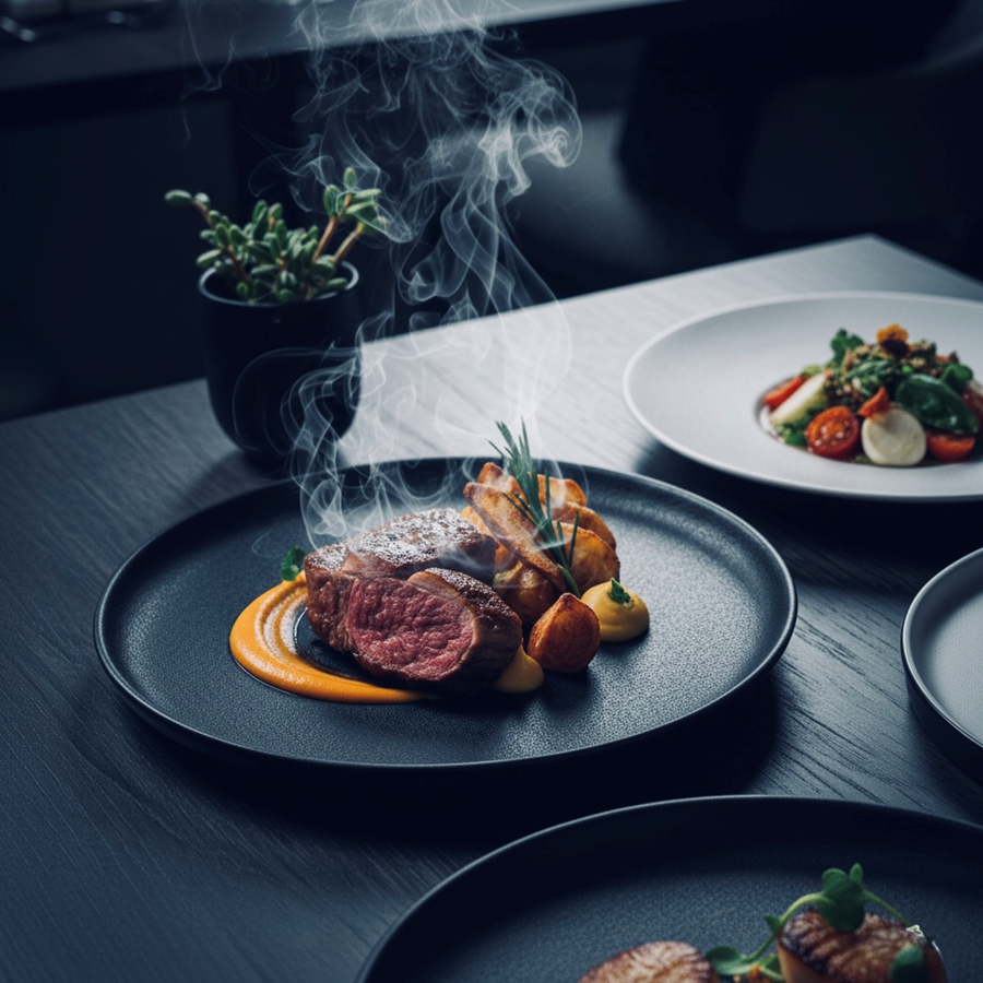 A gourmet meal of steak and sides on a black plate - Vox Concierge ( Concierge Services )