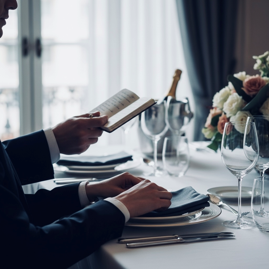 A man in a suit reading at a set dining table - Vox Concierge
