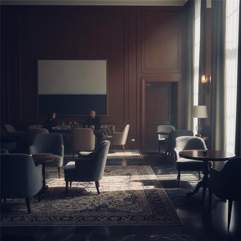 Formal room with wood panels and armchairs.