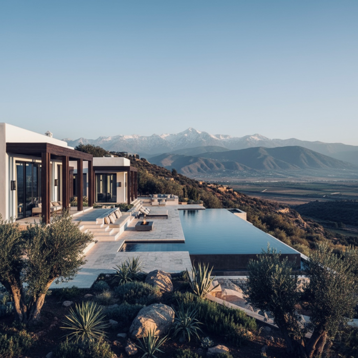Modern house, infinity pool, mountains.